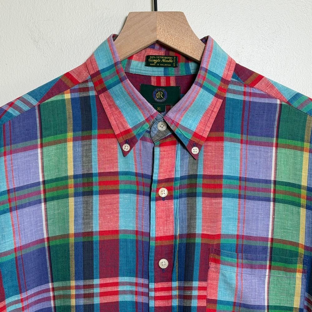 Club Room Mens 100% Cotton Madras Button Down Shirt XL Multi-Color Plaid SS